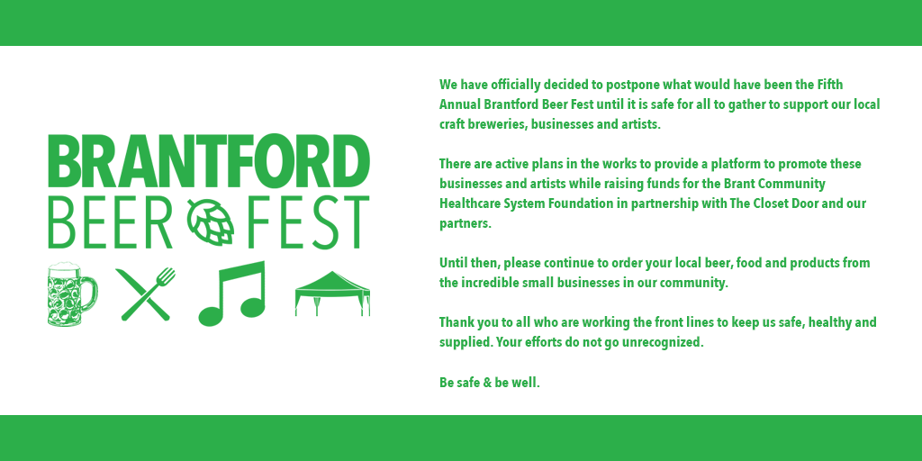 BtfdBeerFest's tweet photo. We have officially decided to postpone what would have been the Fifth Annual Brantford Beer Fest until it is safe to gather &amp; support our local craft breweries, businesses and artists. #supportlocal #brantfordbeerfest #brantford #downtownbrantford @downtownbrantfd @HarmonySquare https://t.co/yDCk3Gd1Q6
