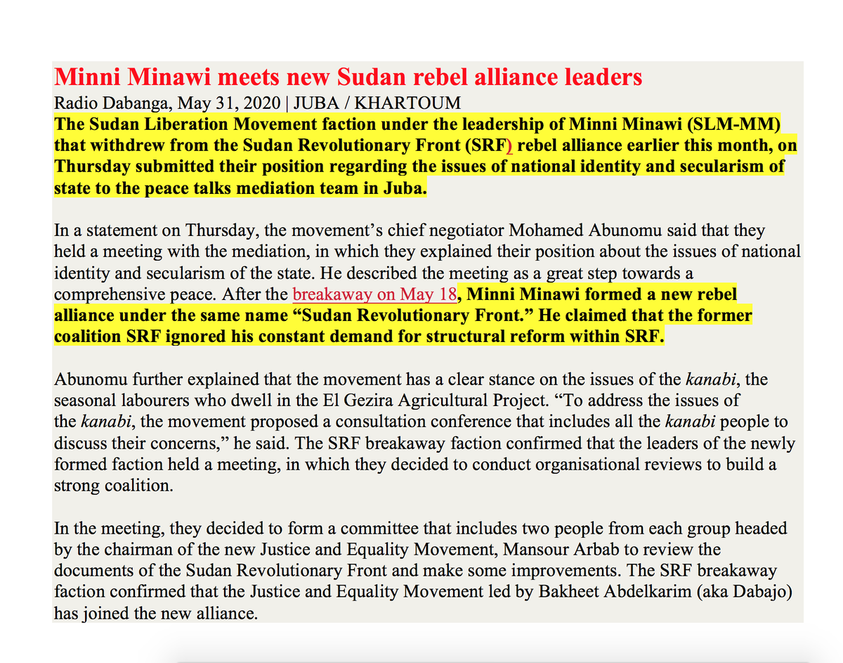 sudanreeves's tweet photo. If #Minawi is indeed convinced that his highly divisive “breakaway faction” has better ideas about peace for #Darfur & #Sudan, why didn’t he choose a new name rather than create confusion by keeping the name “Sudan Revolutionary Front”? Recall his disastrous role in #Abuja, 2006: https://t.co/ePXCRgSI3h