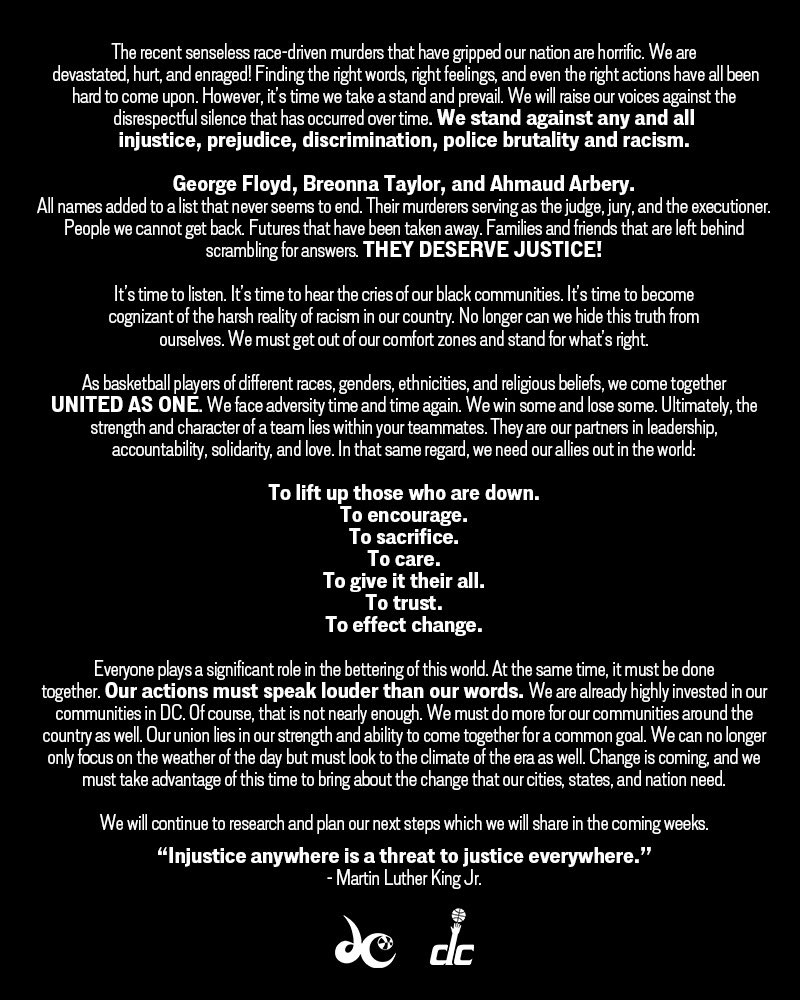 WashWizards's tweet photo. An open letter from our players and coaches. 

#BlackLivesMatter | @WashMystics https://t.co/f2E6z9nxZK