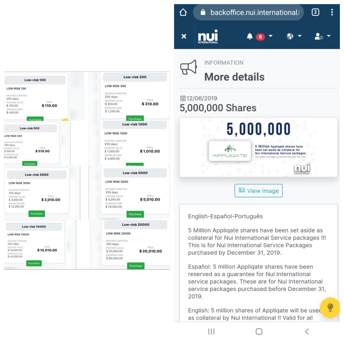 NuiInternation1's tweet photo. 100% transparency and legitimacy and your funds are safe. On the left is a compiled table of packages. On the right APPLIQATE our mother company allocated 5m shares to Nui as collateral and insurance. Dope I know. 0782936959📞 
#SBWL #PutSouthAfricansFirst #TheyDont https://t.co/We5kY9mrwI