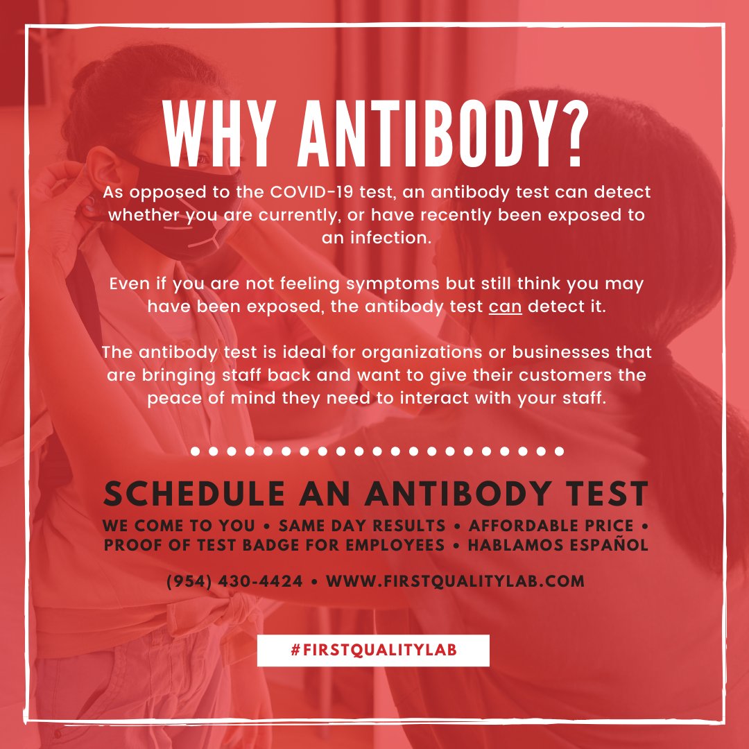 firstqualitylab's tweet photo. Do you know the differences between the cotton swab #covid19 test and the antibody test? If you're thinking about getting tested or want test your staff, call us! We offer affordable pricing for your business and we come straight to your location. 954.430.4424. Hablamos español! https://t.co/gcCjVmaGNc