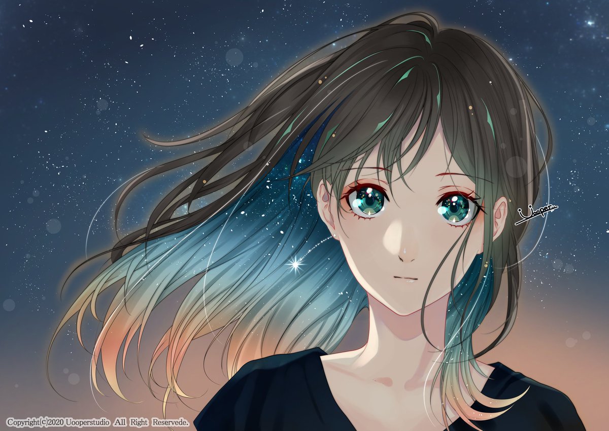 1girl solo star (sky) looking at viewer starry sky watermark brown hair  illustration images