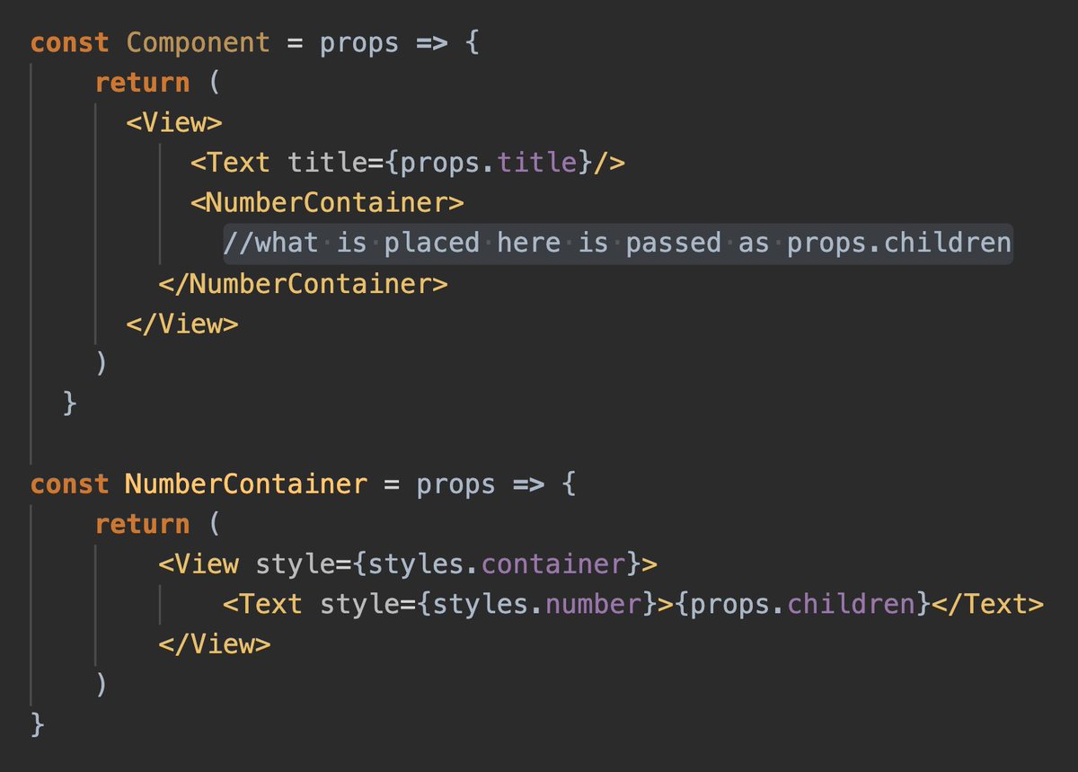 LorinMuller's tweet photo. Today i've understand the power of {props.children} on React. 

Basically, It allows to build a reusable styled component with dynamic children, as you can se highlighted below. 

Hope it will help your code become more reusable. 
#100DaysOfCode #reactjs #CodeNewbie #webdev https://t.co/TTT8jxI2Bl