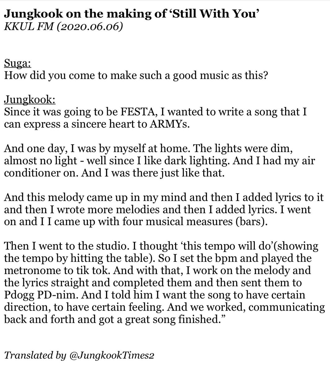 JJK_Times's tweet photo. [REVISED TRANS] Jungkook on the making of ‘Still With You’ and further talking on the song with Suga
KKUL FM (2020.06.06)
“Jungkook who excels in live singing of even the most raw kind” https://t.co/yVnlffOZ1K