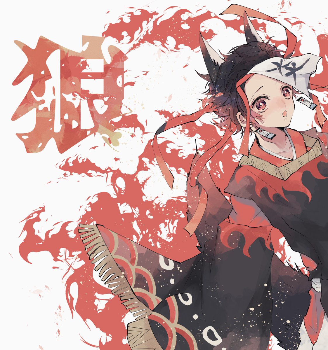 kamado tanjirou male focus 1boy animal ears solo fox boy earrings jewelry  illustration images