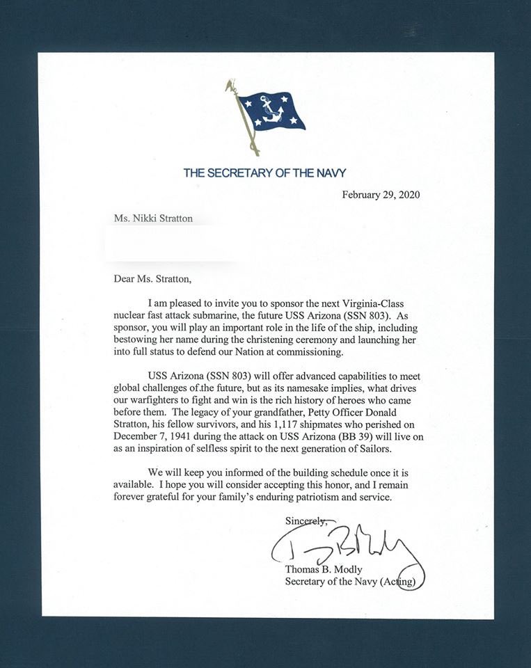 stratty05's tweet image. Well guess the cats out of the bag now... officially the sponsor of the new USS Arizona SSN 803 nuclear ballistic submarine. Beyond excited for this new adventure and ensuring permanent lasting legacy of the sailors who came before and are still aboard BB39 #navy #ussarizona