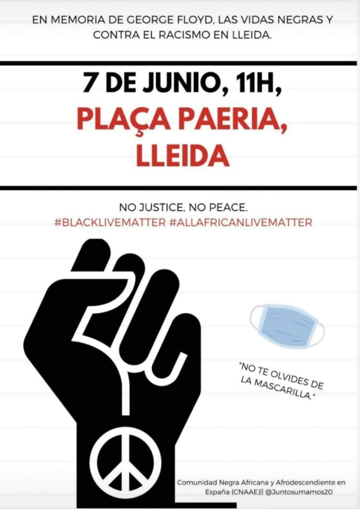 destriem_ponent's tweet photo. ✊🏾 El racisme, ni a Minneapolis, ni a #Lleida ni enlloc. Justícia per a en George Floyd i dignitat per als temporers.

👉🏾 Demà a les 11h a pl Paeria també hi serem. #BlackLivesMattters https://t.co/9Ed941crgH