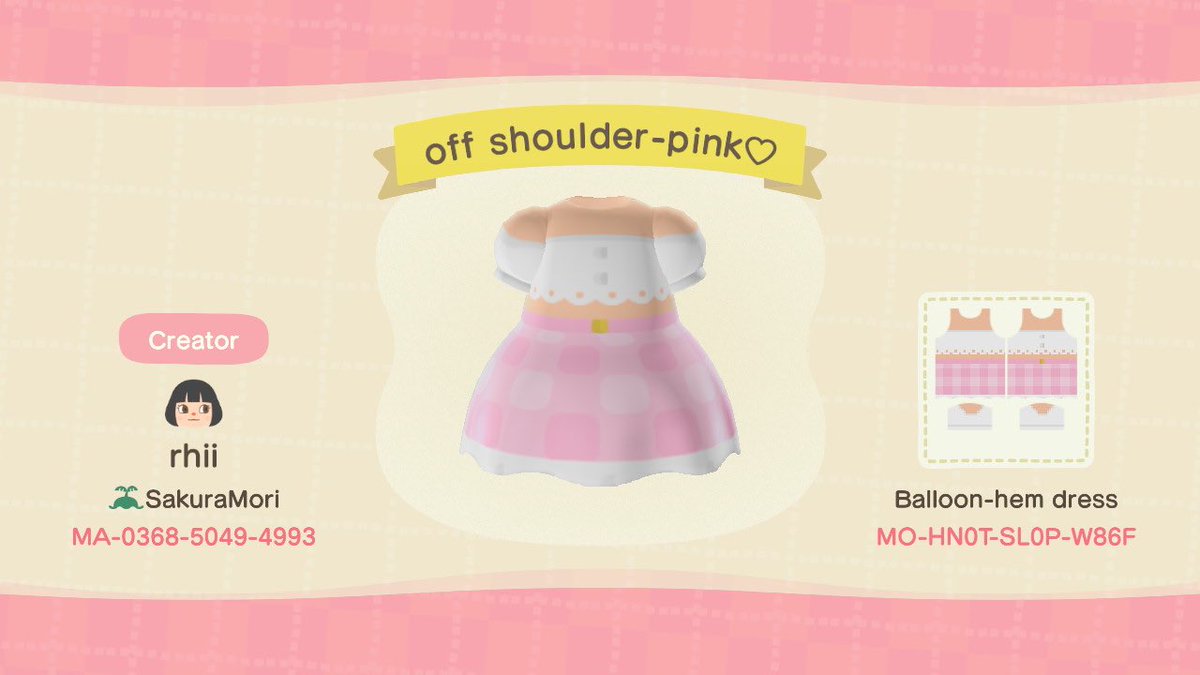 bunhiie_ac's tweet photo. some adorable lil off the shoulder gingham summer sets i’ve been working on! the collection is all skin tones inclusive so please check my creators code for the rest! ♡ 
#acnh #AnimalCrossing #ACNHDesign #AnimalCrossingDesigns https://t.co/JAZfsWzADu