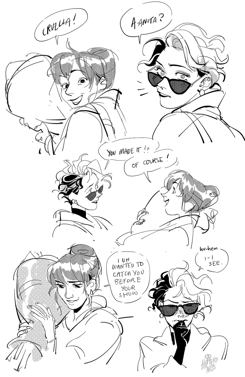 some cruellanita sketches in the timeline i have set up. they meet & date in 1st year of uni (and break up before final graduation) then reconcile at cruella's first big fashion week show as friends before a whole bunch more drama of marriage, divorce, rain and puppies