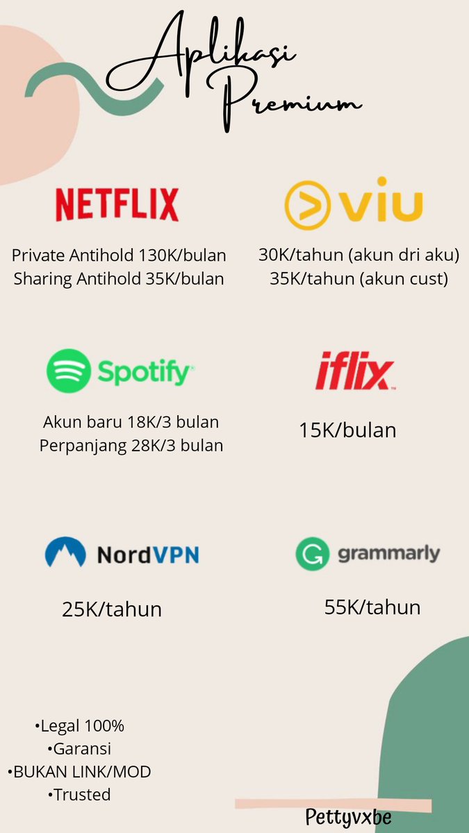 ✨JUAL APLIKASI PREMIUM✨

✔️NETFLIX PREMIUM
✔️SPOTIFY PREMIUM
✔️VIU PREMIUM
✔️NORDVPN
✔️YOUTUBE PREMIUM
✔️DLL.

📌Pembayaran via OVO/DANA/BCA/TSEL(+5K)
📌Bukan apk mod/link
📌ORDER = SABAR