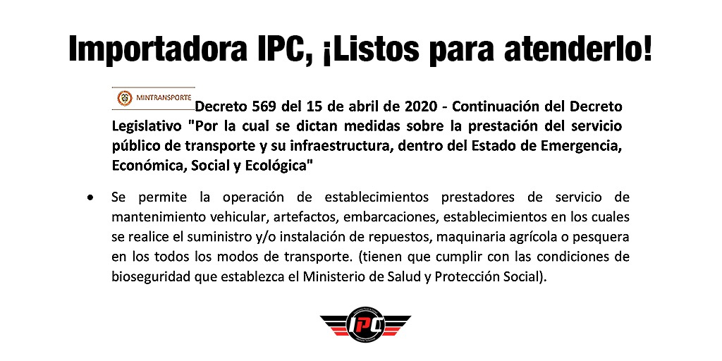 ImportadoraIpc's tweet photo. Según el decreto Decreto 569 del 15 de abril de 2020 Se permite la operación de establecimientos que realice el suministro de repuestos. IPC su mejor aliado. Llamenos a nuestros número para recibir asesoría en los repuestos. 3105102151-3166870150-3104278868 https://t.co/r2GweglGKd