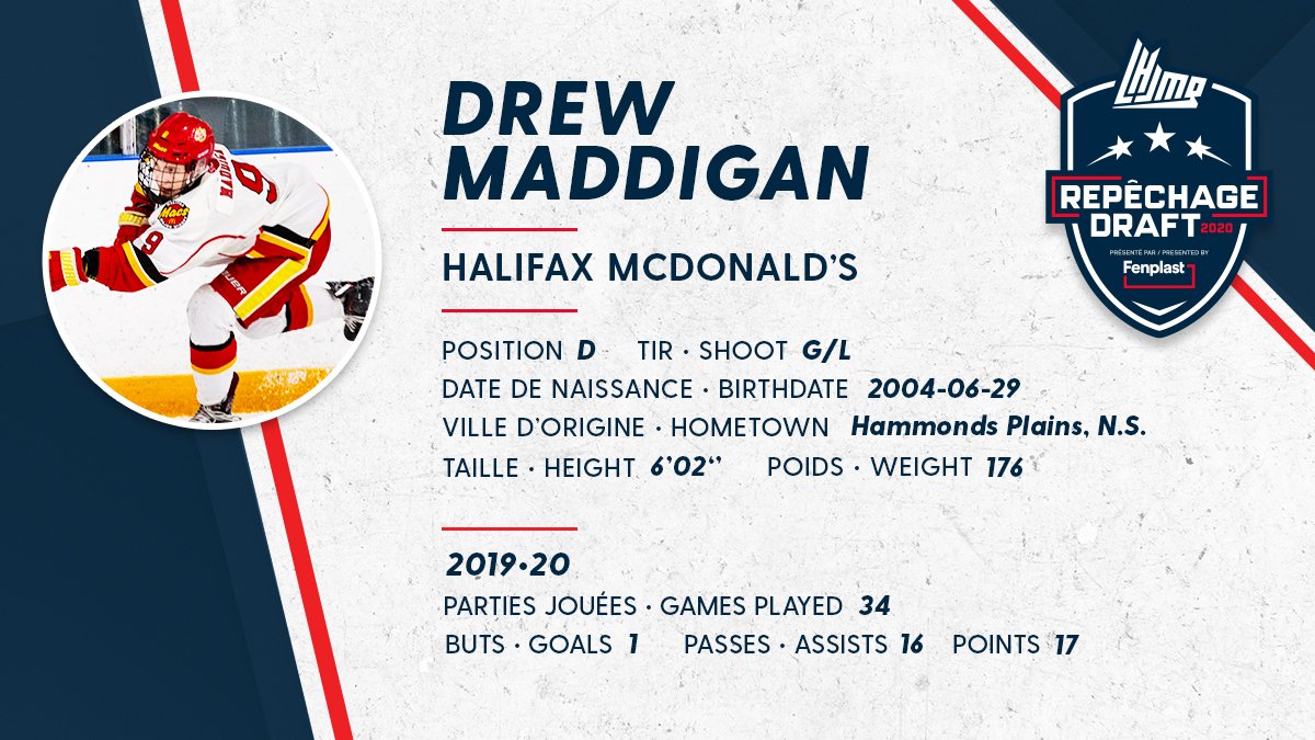 QMJHL's tweet photo. The @Voltigeurs_DRU are proud to select @HfxMacs d-man Drew Maddigan with the 45th pick of the #QDraft! https://t.co/pgNXSgG40z