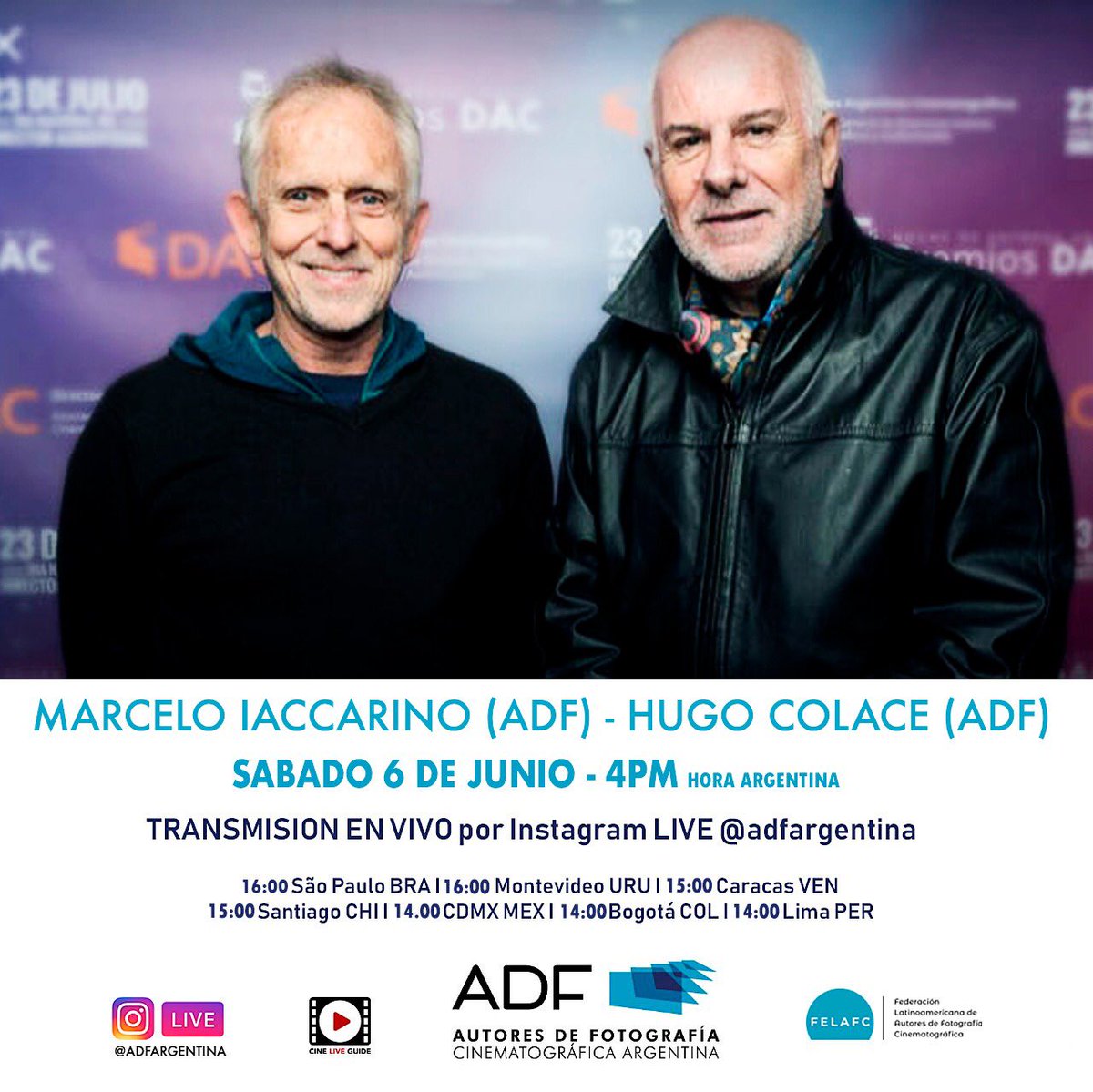 AdFcine's tweet photo. #CharlasADF HOY sábado 6 de Junio a las 4 pm de Argentina recibiremos a nuestros socios fundadores, #hugocolace y #marceloiaccarino en el IG de https://t.co/mCBwGkDd8U.
Nos contaran todo sobre los inicios de la asociación!
#Cine #CineArgentino #DirecciondeFotografia https://t.co/SUqI6B9Ag1