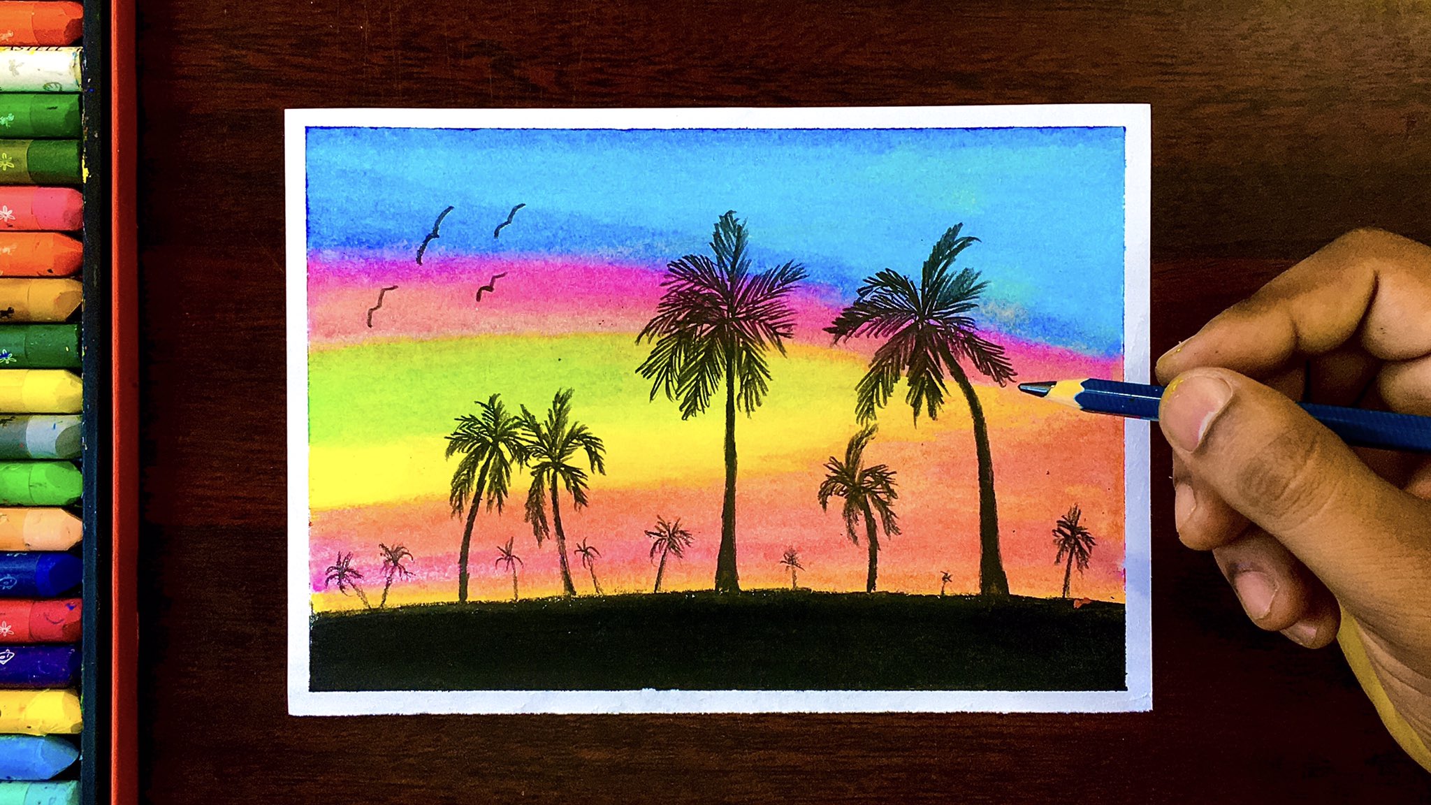 Easy Oil Pastel Sunset Scenery Painting for beginners