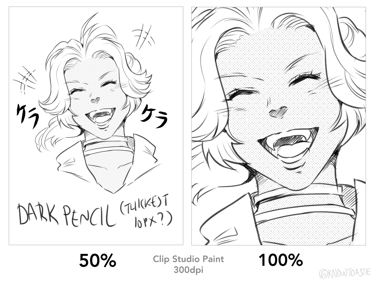 Clip Studio Paint brush comparison for lines. I personally enjoy using the dark pencil best, the mapping pen was pleasant to use, but I think I like how the millipen turned out the best... wasn't super pleasant to use though ? 