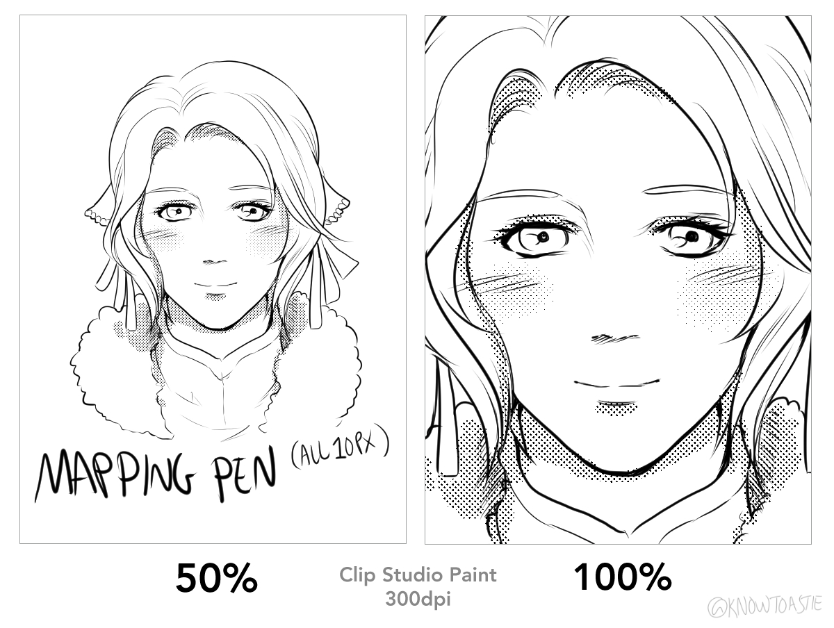 Clip Studio Paint brush comparison for lines. I personally enjoy using the dark pencil best, the mapping pen was pleasant to use, but I think I like how the millipen turned out the best... wasn't super pleasant to use though ? 
