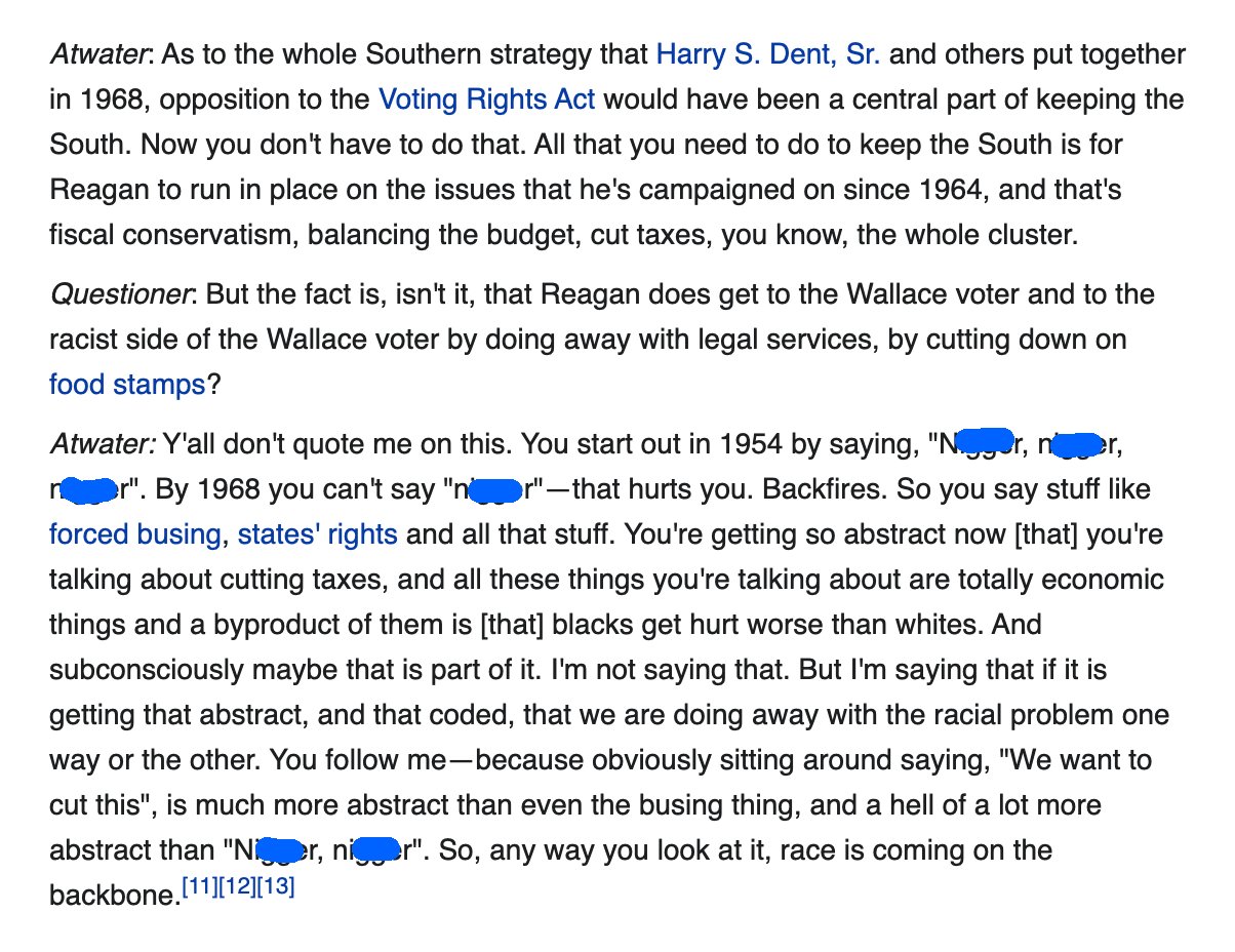 Trump is an extra-special asshole, but his brand of racism has been central to the Republican Party for decades. For example, here's Lee Atwater, Chairman of the Republican National Committee during the George HW Bush administration 30 years ago: https://t.co/7rnzAghocZ