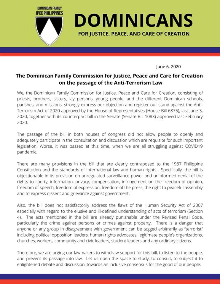 varsitarianust's tweet photo. READ: A group of Filipino Dominican priests and sisters has released a statement on the Anti-Terrorism Act of 2020. https://t.co/D05cBBoXZo