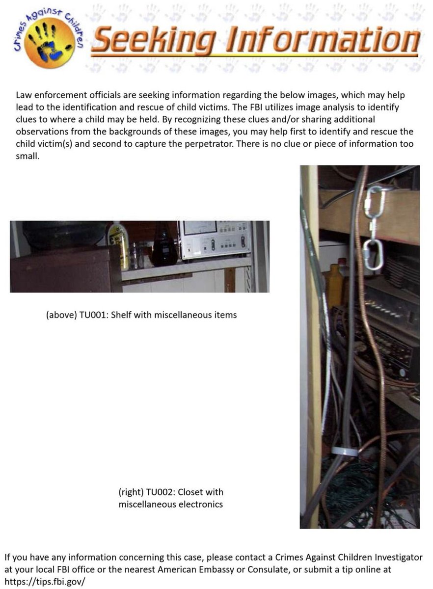 FBI's tweet image. The #FBI is seeking information about this image, which may help lead to the rescue of child victims. Do you notice something familiar? Submit tips at tips.fbi.gov. There is no clue or piece of information too small. #SeekingInfoSaturday ow.ly/PlGV50zZ7TS