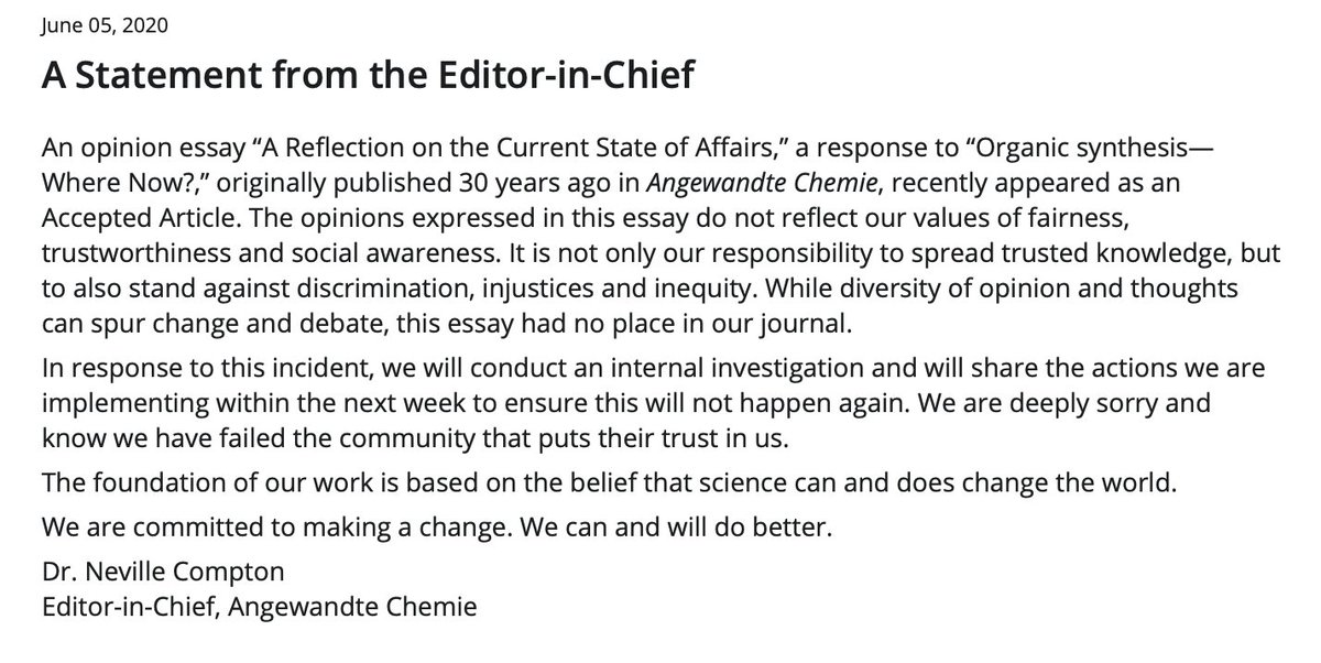 What action <a href="/angew_chem/">Angewandte Chemie</a> takes after this analysis will be critical. So far in 2020, they profiled 25 authors as leaders (described their paths, gave advice to young scientists). How many women? 2 How many black/ brown people? 0 This piece hit a nerve for a reason. #ChemTwitter