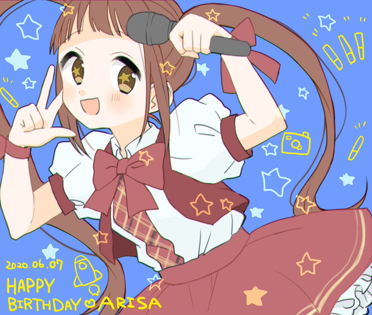 1girl twintails brown hair microphone solo holding microphone star (symbol)  illustration images