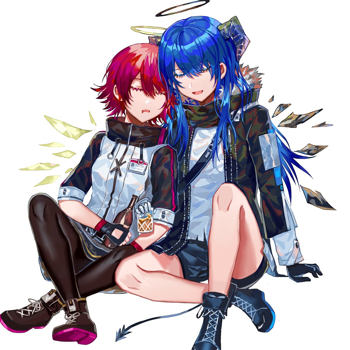 exusiai (arknights) ,mostima (arknights) multiple girls 2girls halo blue hair horns pantyhose jacket  illustration images