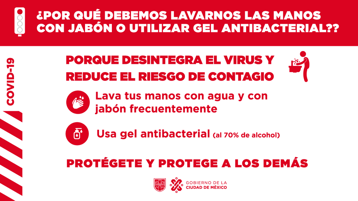 GobCDMX's tweet photo. En la Ciudad de México, estamos en #SemáforoRojo sanitario. 

Lava constantemente tus manos para reducir el riesgo de contagiarte de COVID-19. 🤲🏻🧼

#ProtégeteYProtegeALosDemás
#JuntosVamosASalirAdelante https://t.co/H2nbWul7tH