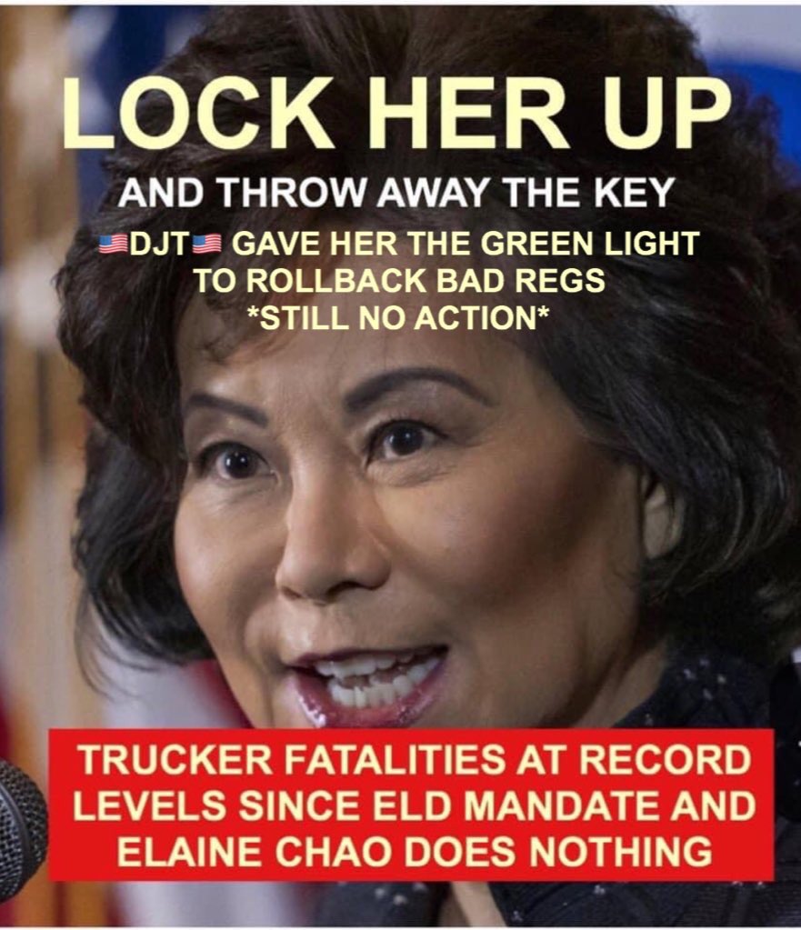 trucker_mfc's tweet photo. 🇺🇸DJT🇺🇸Elaine, you can do things that nobody would believe in your department, Department of Transportation” *SO, SHE DOES NOTHING* @realDonaldTrump @SecElaineChao @VP @USDOT @FMCSA @OOIDA @luvtruckers @GOP @GOPLeader @HouseGOP @freedomcaucus @RealJamesLamb @ToddCampbell94 https://t.co/qiMcpfnF4N