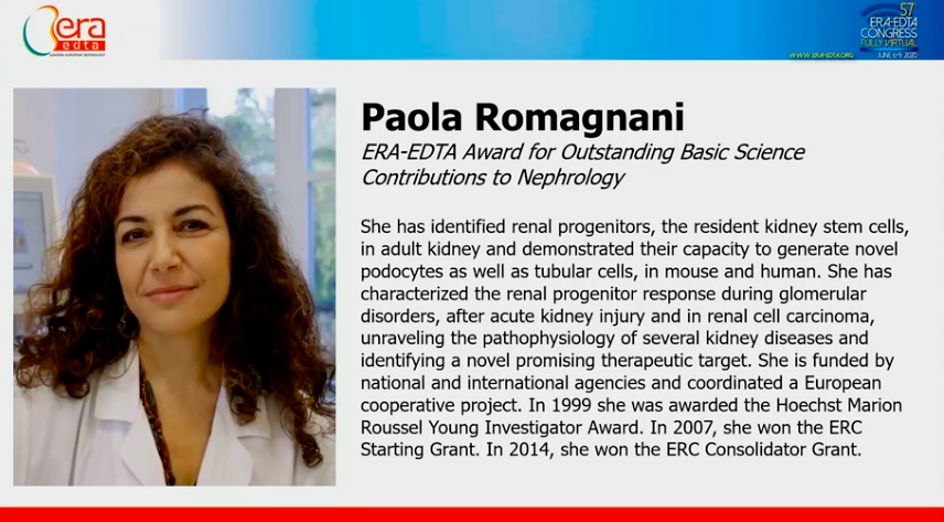 ERA-EDTA award for outstanding basic science contributions in nephrology to Professor Paola Romagnani

#eraedta20