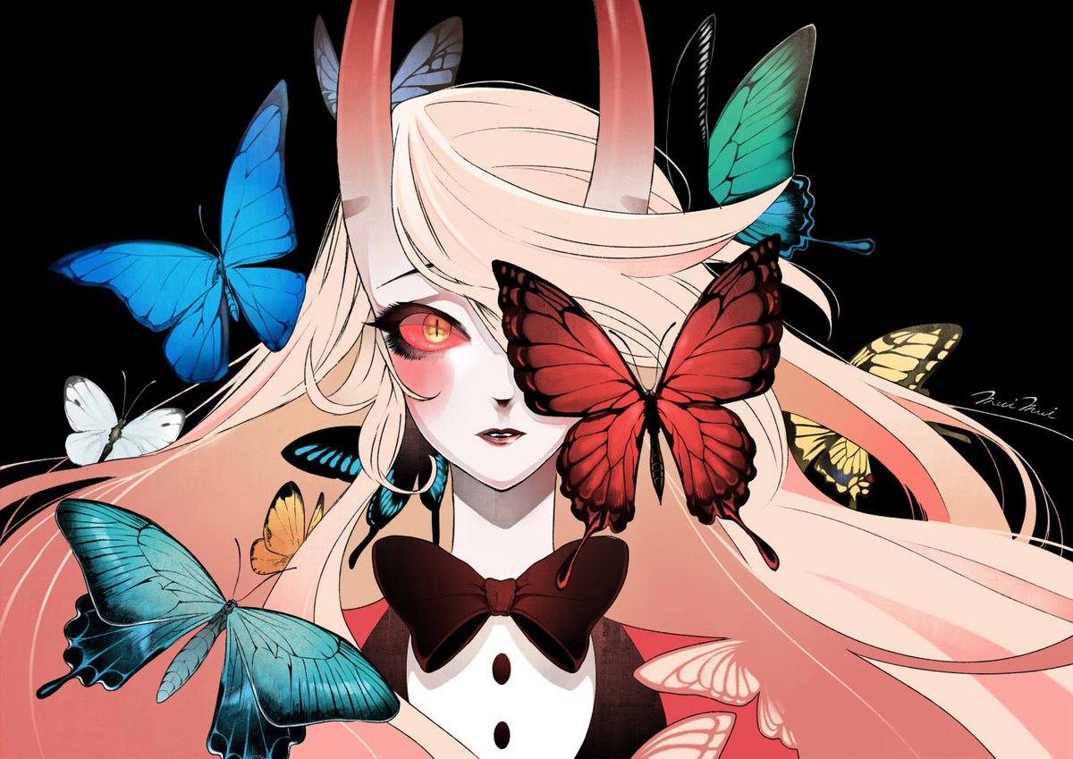 bug butterfly horns 1girl long hair black background solo  illustration images