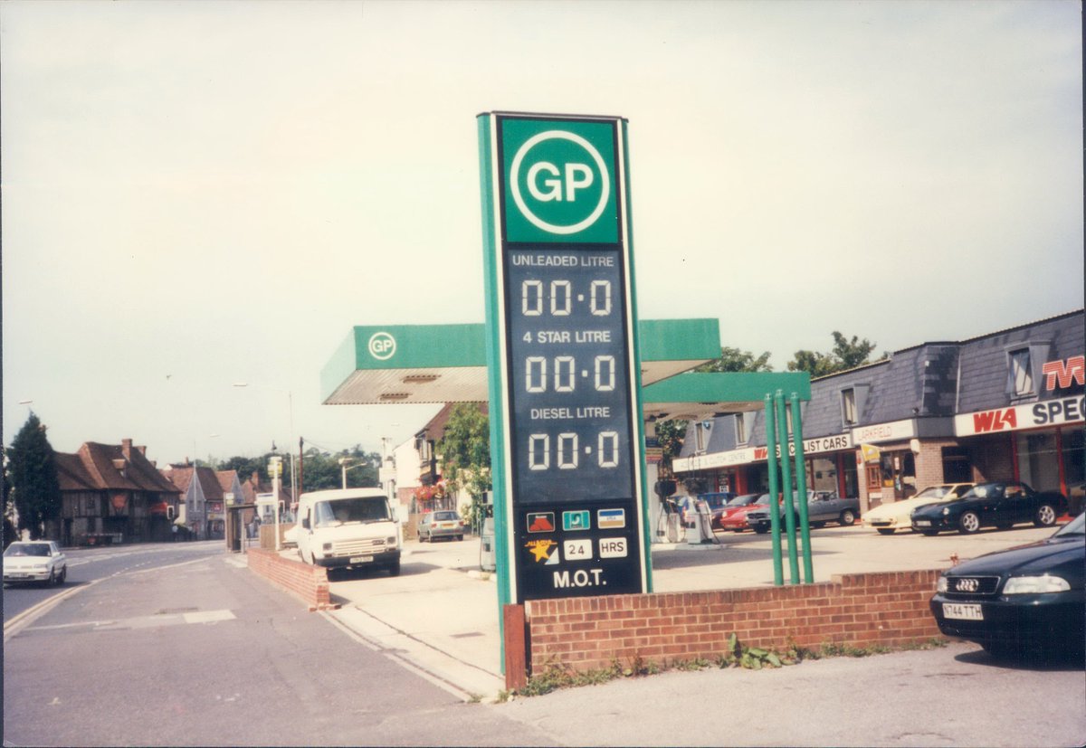 Day 167 of  #petrolstationsGreenway Petroleum, Larkfield, Kent 1997  https://www.flickr.com/photos/danlockton/16071085919/A lot going on here on the A20—the c1350 Wealden Hall opposite the TVR dealer (WLA Specialist Cars) with a one-off petrol brand. At this remove, Tasmin and Sherpa seem equally appealing