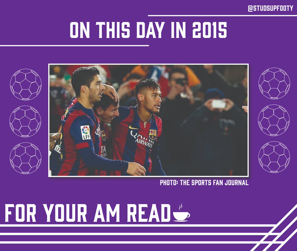 StudsUpFooty's tweet photo. June 6, 2015 

The UEFA #ChampionsLeague Final - #Barcelona downs #Juventus by a 3:1 final to claim their 5th title. 

In addition, the club would also top #LaLiga and win the Copa del Rey by a similar 3:1 score-line over Athletic Bilbao, at the Camp Nou, in front of 99,000+ https://t.co/WeLKsWUssr