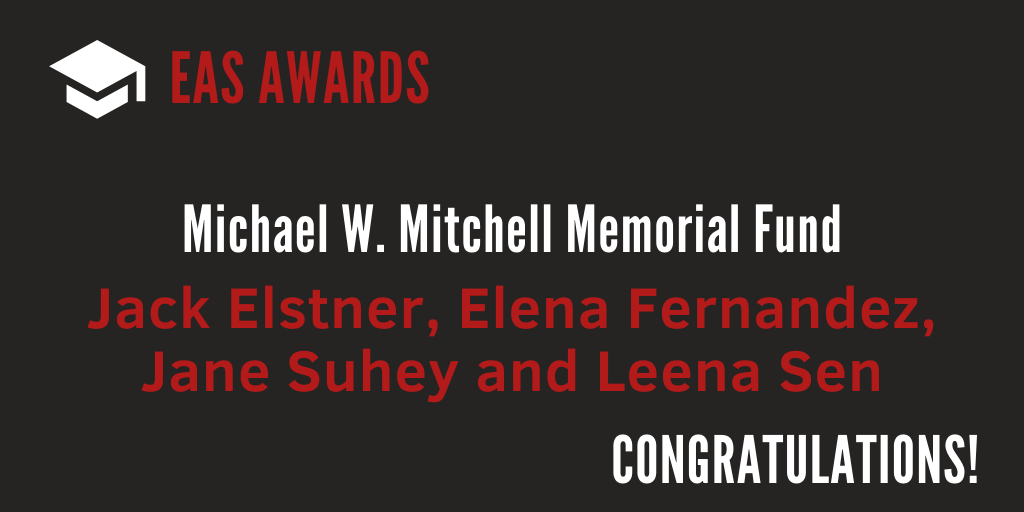 CornellEAS's tweet photo. Congratulations to Jack Elstner, Elena Fernandez, Jane Suhey, and Leena Sen for being awarded the Michael W. Mitchell Memorial Fund, which is given to outstanding juniors or seniors in EAS. https://t.co/3ZtypoHZu0