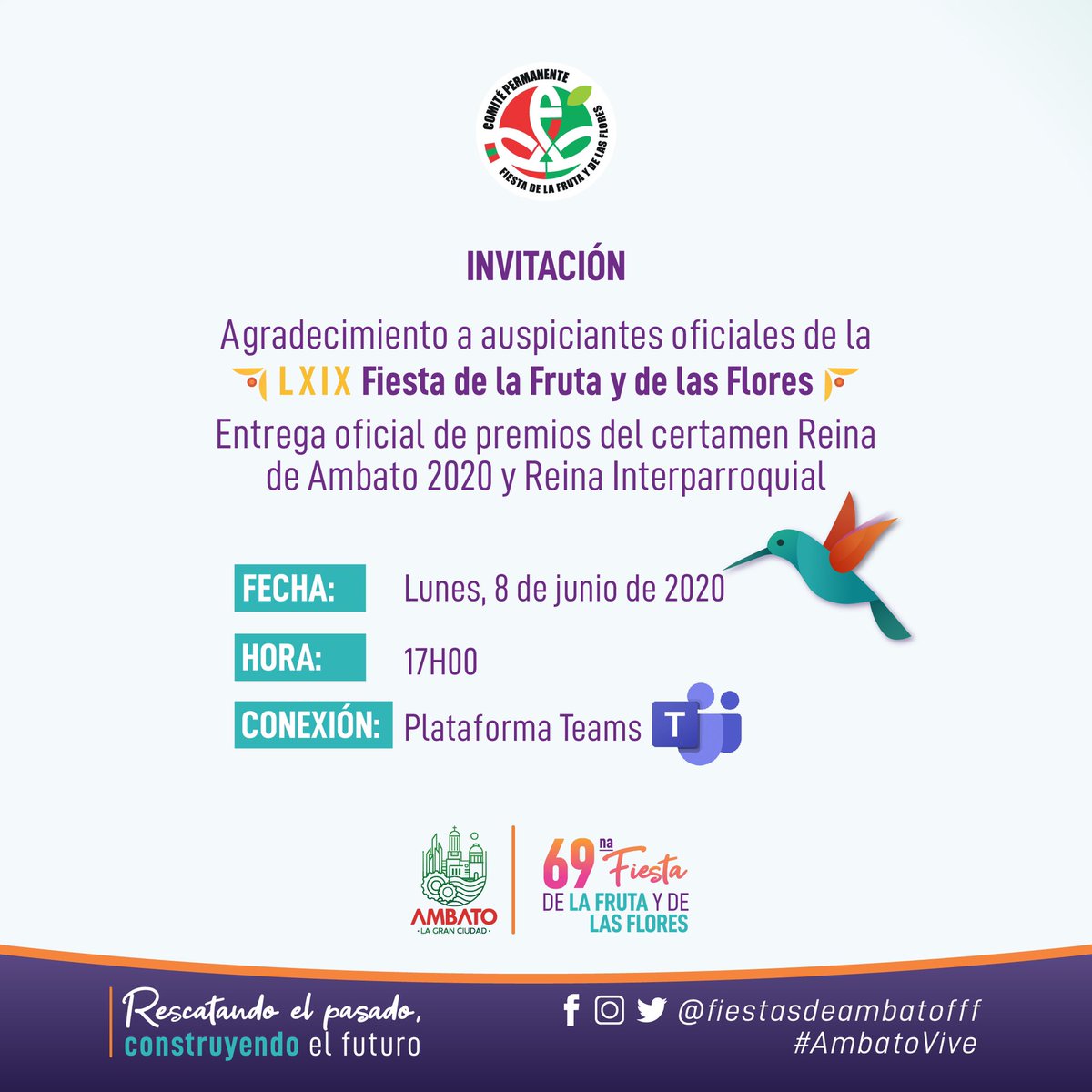 Agradecimiento a auspiciantes oficiales de la LXIX Fiestas de la Fruta y de las Flores.
Entrega oficial de premios del certamen Reina de Ambato 2020 y Reina Interparroquial.
#RescatandoElPasadoConstruyendoElFuturo #Ambato #VolveremosAEstarJuntos #AmbatoLaGranCiudad