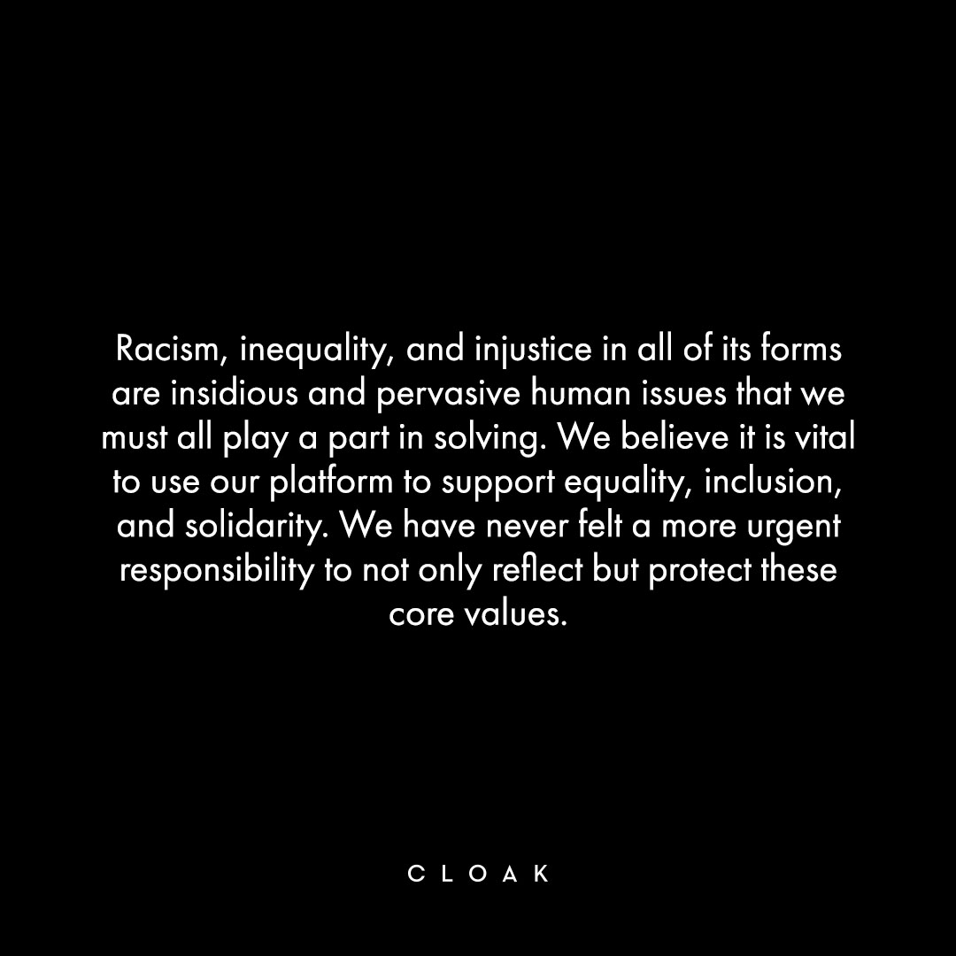 cloakbrand's tweet image. Starting now and ending Tuesday (6/9), Cloak is donating 100% of proceeds to Campaign Zero*, the comprehensive platform of research-based policy solutions to end police brutality in America.