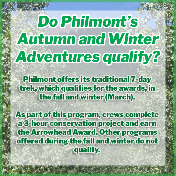 TripleCrownBSA's tweet photo. Do @Philmont’s Autumn and Winter Adventures qualify?

Philmont offers its traditional 7-day trek, which qualifies for the awards, in the fall and winter (March).  As part of this program, crews complete a 3-hour conservation project and earn the Arrowhead Award. https://t.co/Ohc1YNAtoC