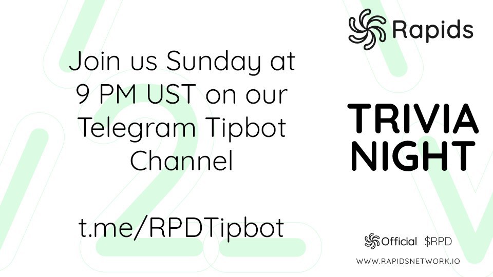 RapidsSpanish's tweet photo. Domingo a las 9 pm UTC tendremos otra noche de #Trivia de #Rapids en nuestro Tipbot en #Telegram

👇👇👇👇👇
https://t.co/XDOJArhGb0
👆👆👆👆👆

Ven, únete al juego y gana recompensas en #RPD

#SocialMedia #CoronaLockdown #Quiz #Cryptocurrency #Giveaway https://t.co/p1UgQV04g7 https://t.co/DOQP4aVIHU