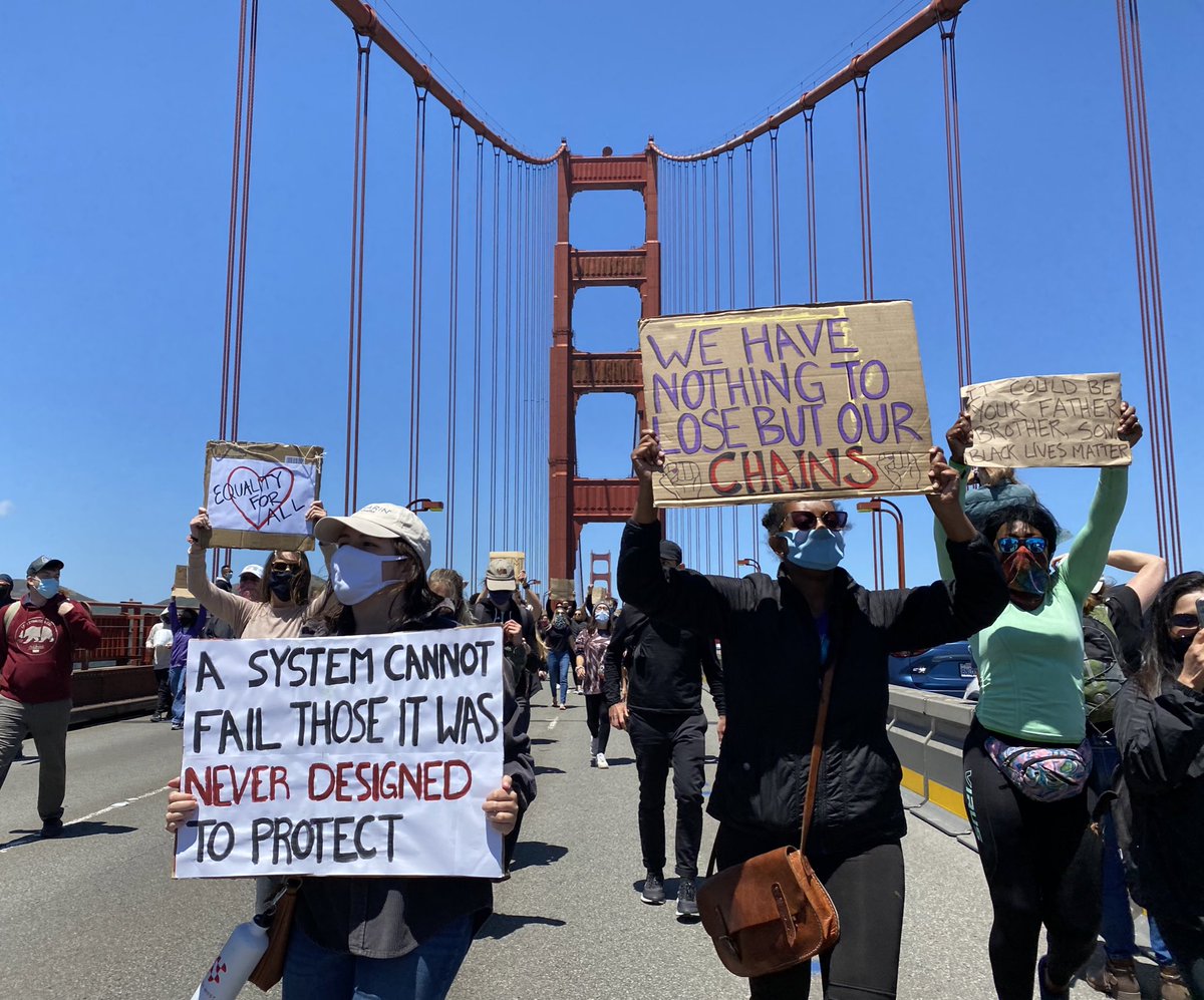 This is happening. Protesters have flooded on to the span of the Golden Gate Bridge, shutting down the San Francisco-bound side. Most traffic on both sides has been at a standstill. #GeorgeFloyd