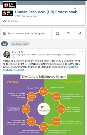 SocialSteven's tweet photo. @culturetalk Just posted in HR Professionals with 280,000 HR Professionals world-wide featured image of CultureTalk and how it can help reopening, restarting: https://t.co/2sSho368W7