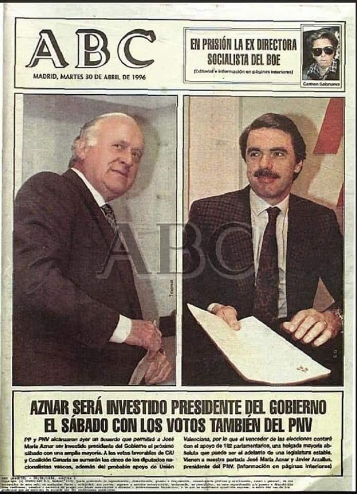 RubenSanchezTW's tweet photo. En el PP quieren que olvidemos que Aznar negociaba todo tipo de concesiones con los nacionalistas de derechas para que le dejaran gobernar y que llegó a llamar a los asesinos de ETA "Movimiento Vasco de Liberación". https://t.co/cO25aR5xQQ
