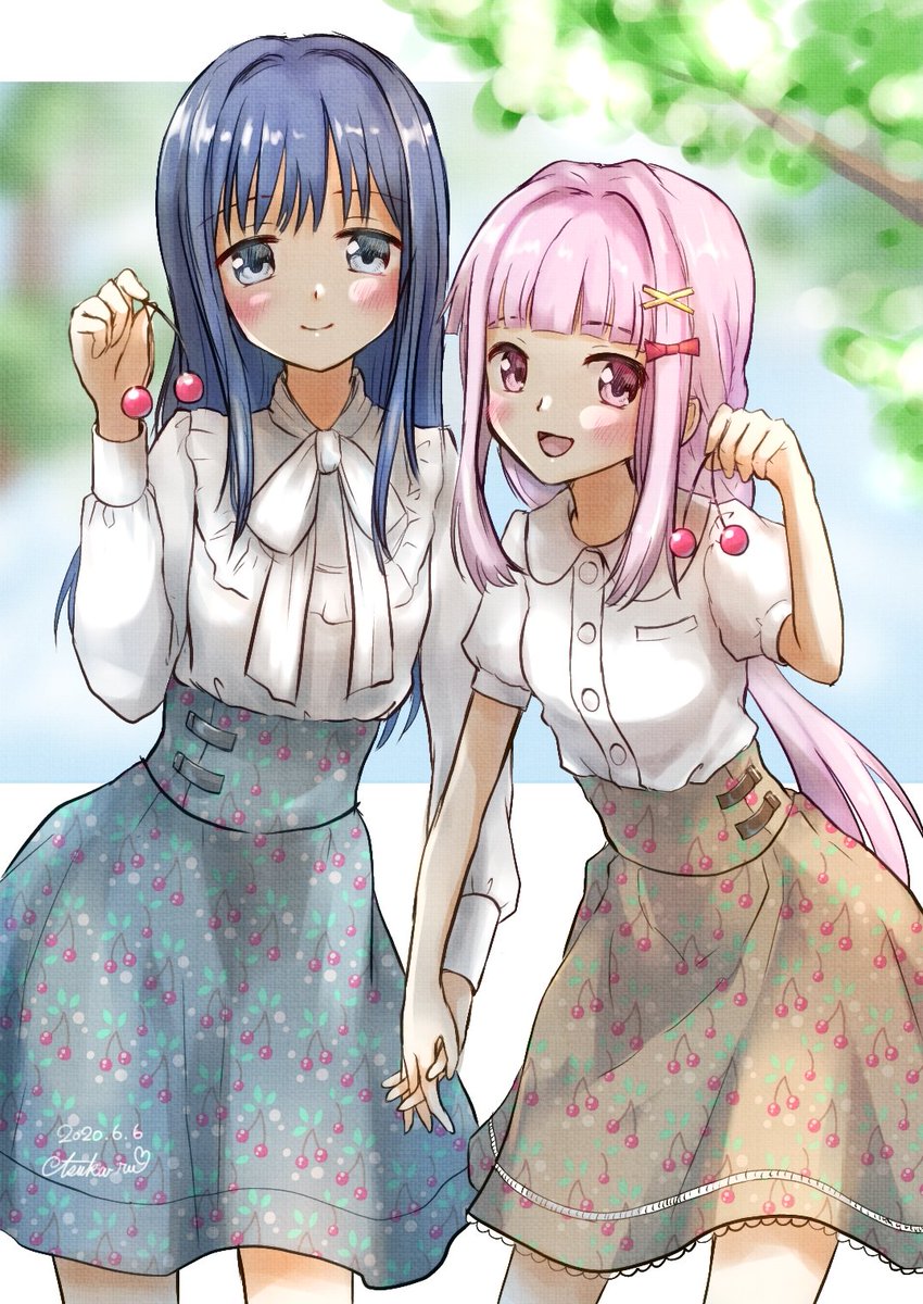 tamaki iroha multiple girls 2girls pink hair blue hair long hair skirt shirt  illustration images