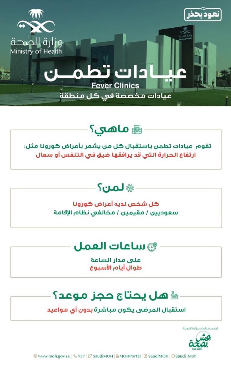 مستشفى الملك فهد التخصصي ببريدة K F S H B V Twitter عيادات تطمن مخصصة لكل من يشعر بأعراض كورونا مثل ارتفاع درجة الحرارة وتعمل 24 ساعة طوال الأسبوع بريدة مركز صحي شرق الفايزية مركز صحي