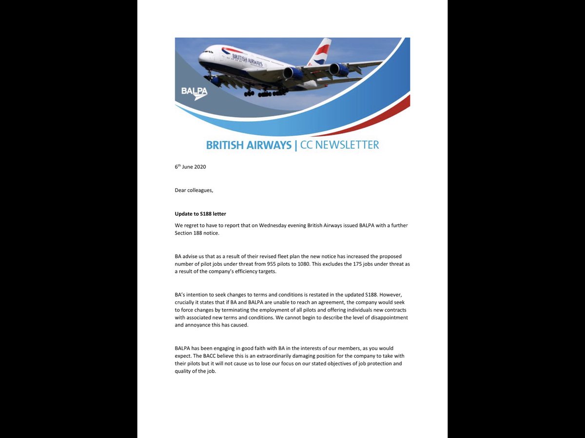 ITVJoel's tweet photo. New: It has repeatedly been claimed that BA is threatening to fire and rehire its entire UK workforce. That was not the case, it now is. BALPA has just told pilots BA proposes 1) more redundancies and 2) to terminate the employment of those who remain unless they accept new ts&amp;cs https://t.co/bfcZiDvgv7