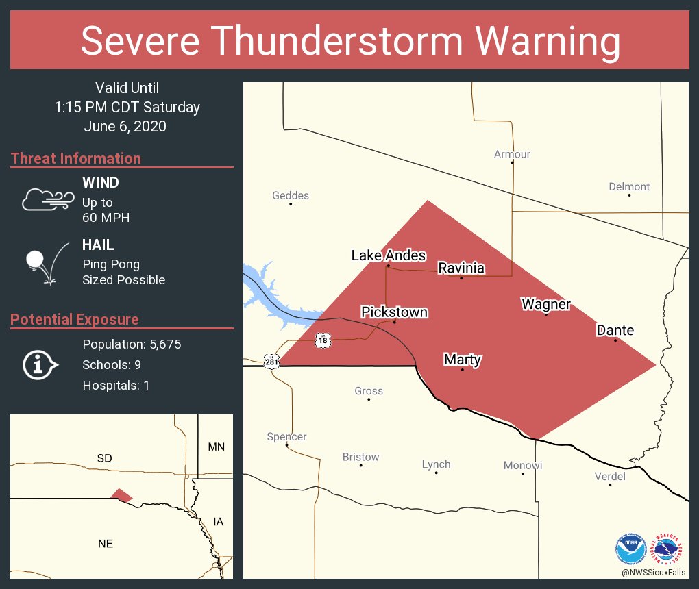 Severe Thunderstorm Warning including Wagner SD, Lake Andes SD, Marty