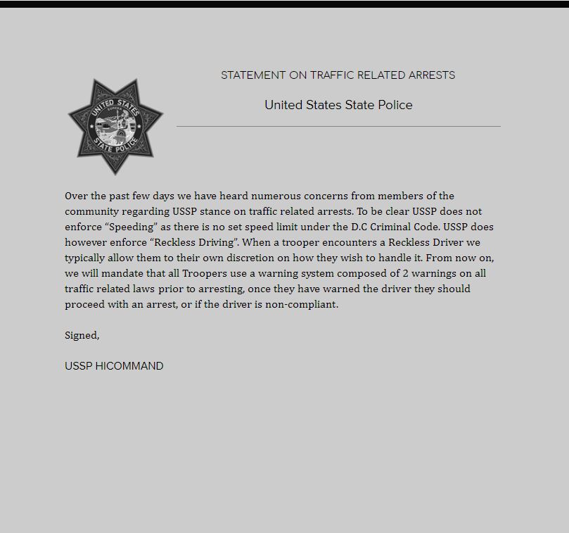 The United States State Police has released a statement on Traffic Related Arrests.