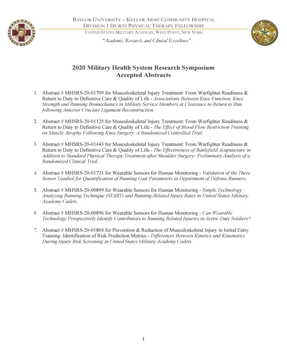 7 abstracts from the West Point Sports PT Fellowship were selected for the 2020 Military Health System Research Symposium!  <a href="/ArmyMedicine/">Army Medicine</a> <a href="/MilitaryHealth/">Military Health System</a> <a href="/WARRIOR_motion/">WARRIOR Biomechanics</a>