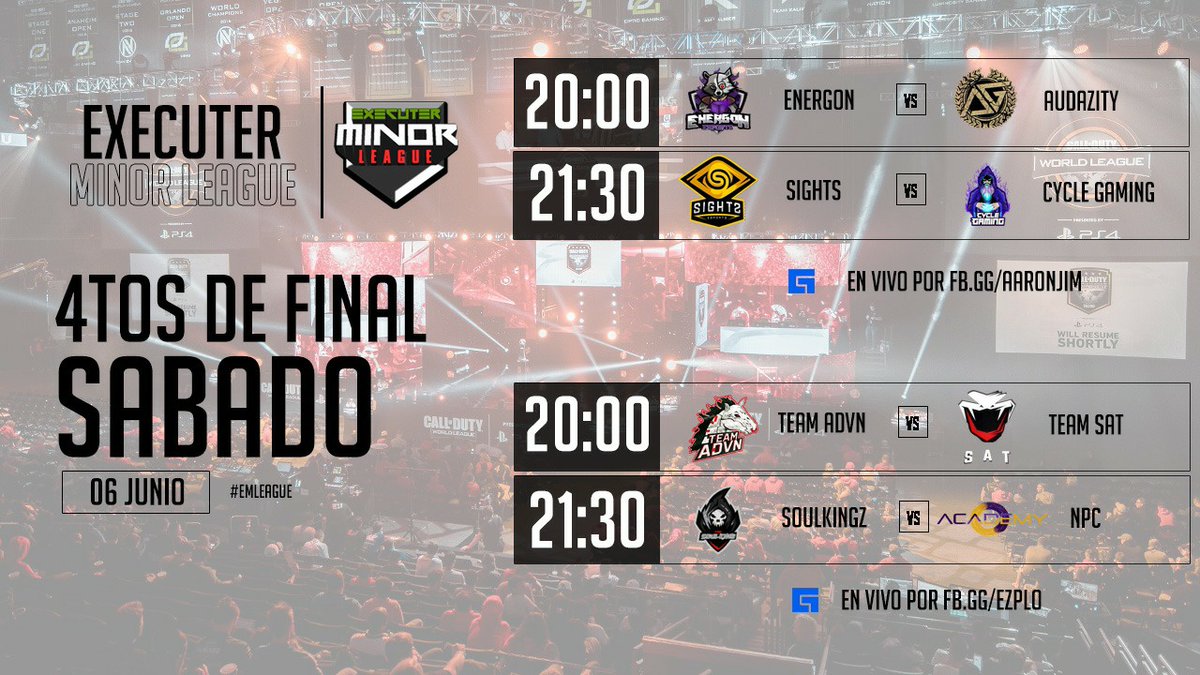 Executer Minor League
¡Cuartos de Final! 

<a href="/EG_eSportsmx/">Energon eSports ⚡EG</a> vs Audazity 
Sights Esports vs Cycle Gaming 

Transmisión: @aaronjim123 

Team ADVN vs @TeamSAToficial 
@SoulKinGzGaming vs <a href="/npcesportsmx/">NPC Esports</a> 

Transmisión: <a href="/EzploTo/">Ezplo</a> 

Horario: CST #EmL