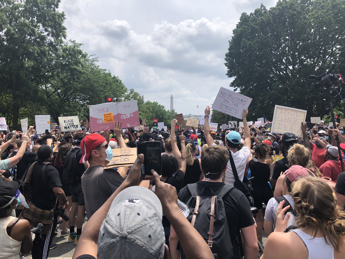 A surreal scene in my city. Roads blocked for miles around with military vehicles. Empty downtown streets. Merch stands. DJ’s. And another passionate gathering at Lafayette Square outside the White House. So far, this feels more like a justice party than protest. <a href="/wusa9/">WUSA9</a>
