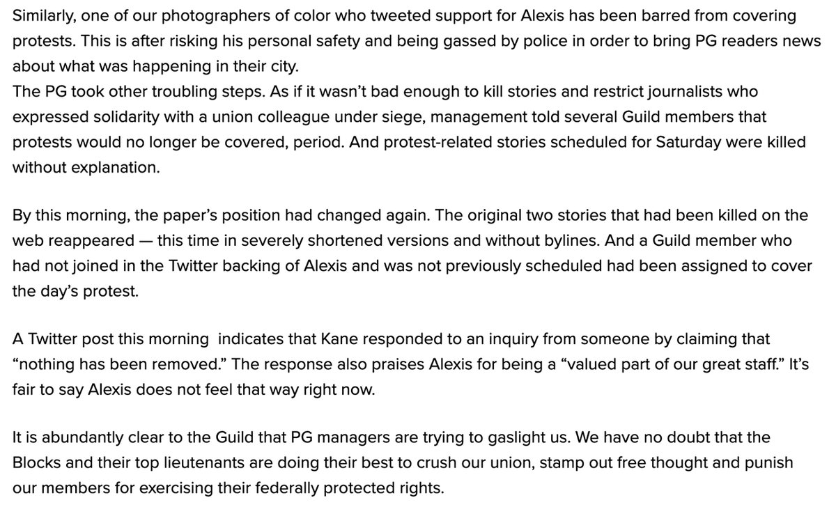 PGHGuild's tweet image. Yesterday, dozens of our members shared this post, word for word, in a showing of solidarity with @alexisjreports. By Friday night, in our view, the Post-Gazette’s retaliation began.