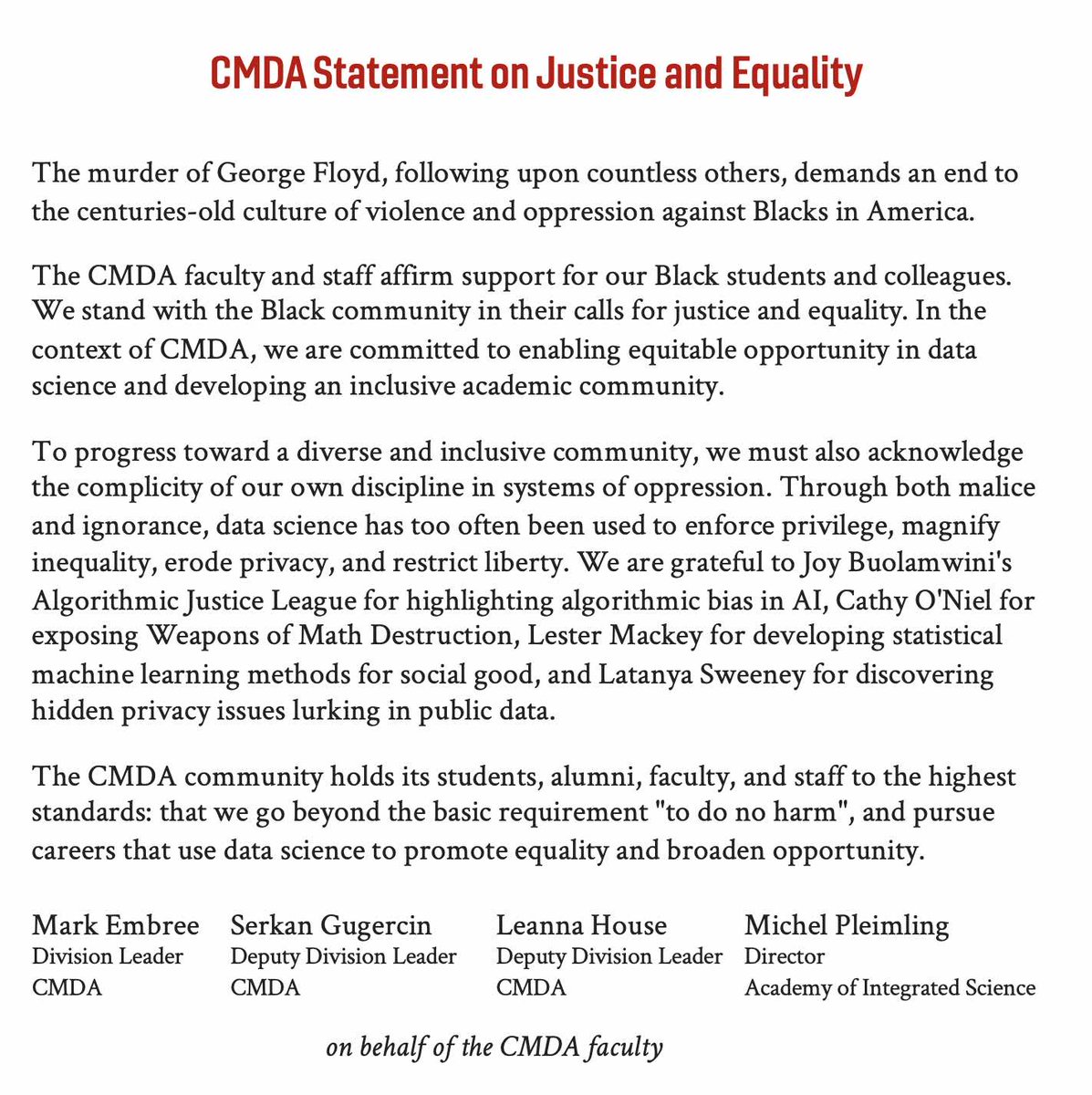 An important statement on Justice and Equality for the CMDA Community.